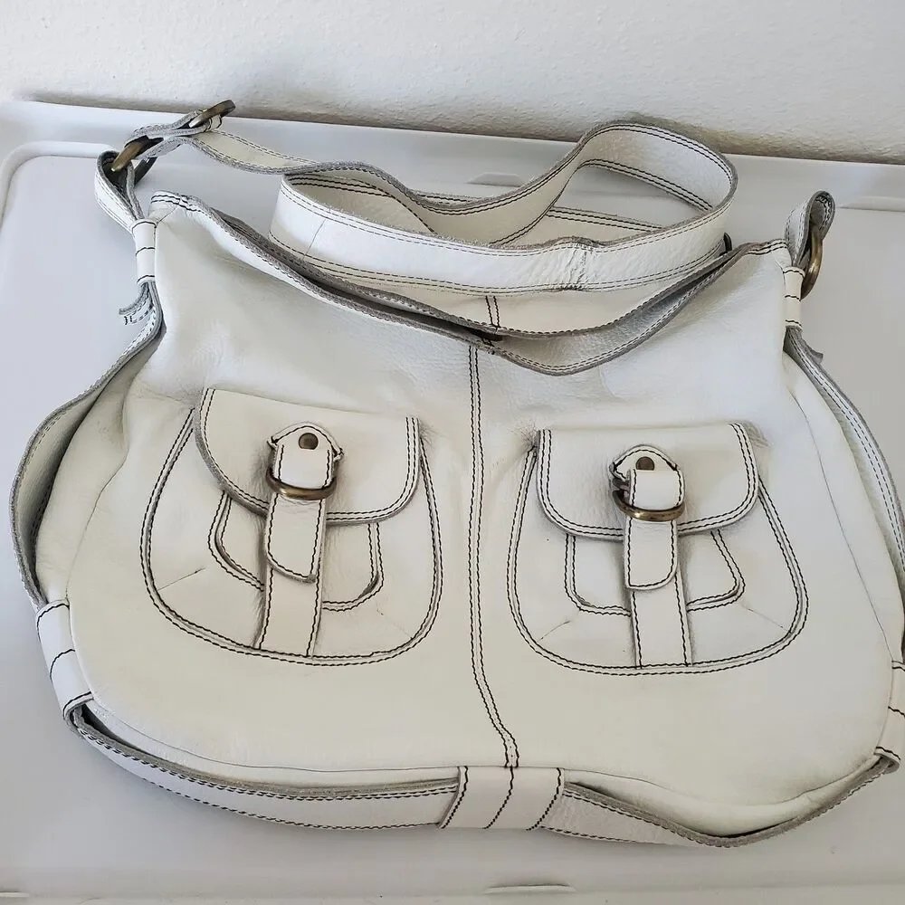 Oushka Vintage White Leather Shoulder Bag Hobo Purse w/ Front Pockets Crossbody